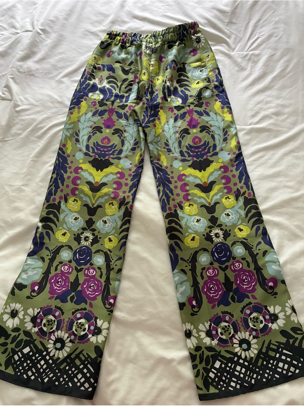 Vibrant Floral Wide-Leg Zara Pants in Olive, Purple & Lime